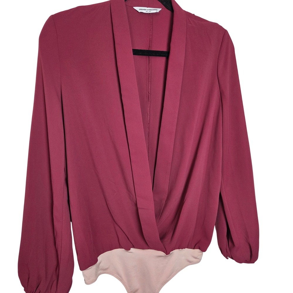 Amanda Uprichard Plunge V Neck Wrap Bodysuit Long Sleeve Crepe